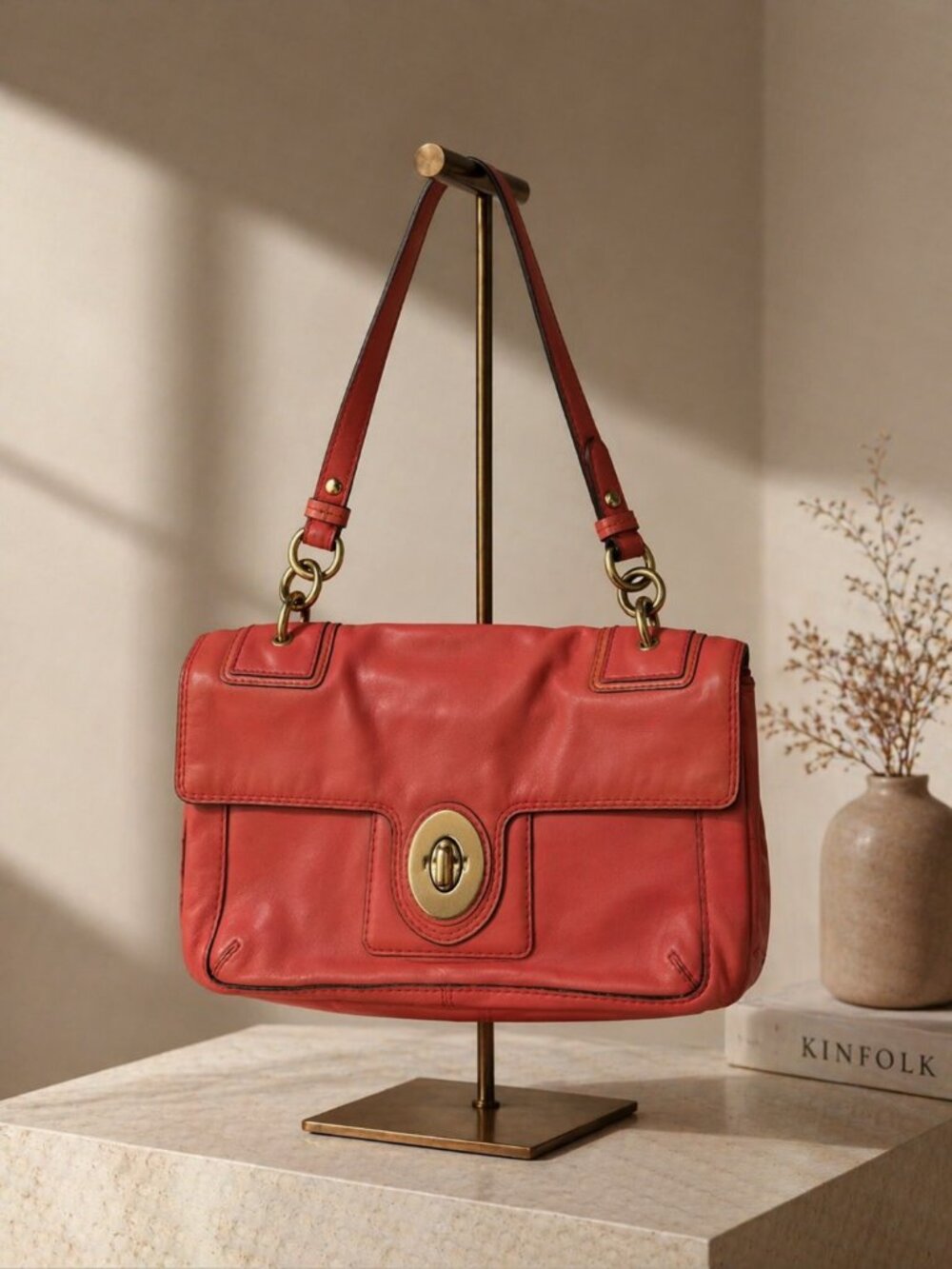 Coach J0982-14524 Pink-Red Leather Shoulder Bag Turn Lock Purse